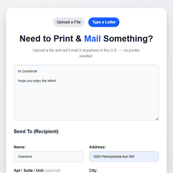 The Letter Pilot Quick Send interface showing letter composition and recipient address form