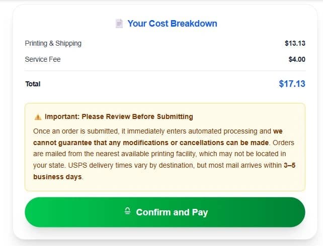 Quick Send cost breakdown showing the calculated example total and Confirm and Pay button.