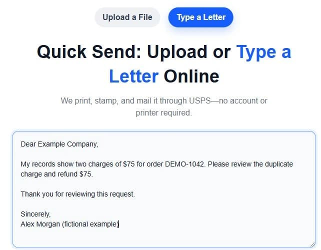 Quick Send page with Type a Letter selected and a fictional example letter entered.