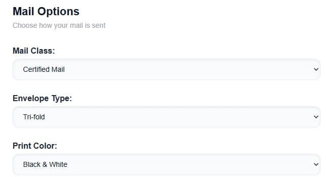 Quick Send Mail Options showing Certified Mail selected in the Mail Class menu.
