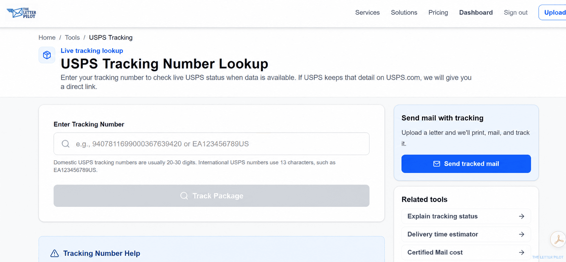 The Letter Pilot USPS tracking number lookup tool