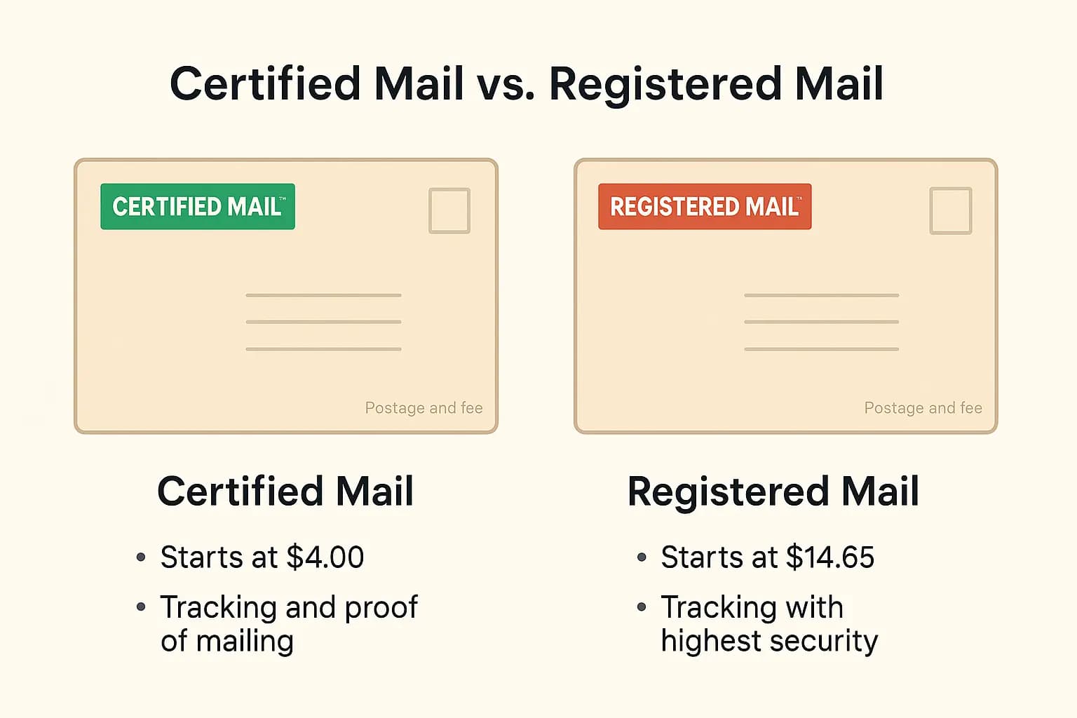 USPS Certified Mail vs Registered Mail comparison chart showing 2025 costs, delivery speed, and security differences