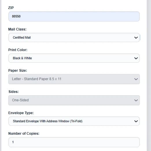 Choose USPS First Class mail online option screenshot showing Certified Mail selection