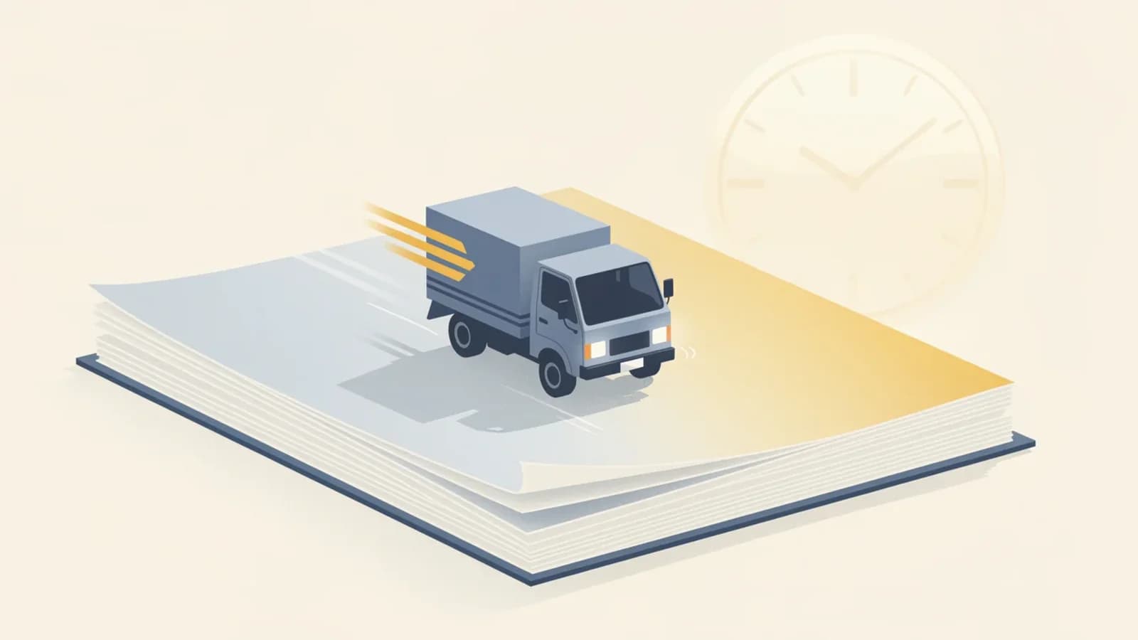 Illustration of a blank calendar page, an analog clock, and a small mail delivery truck — the three things that decide whether mail runs today