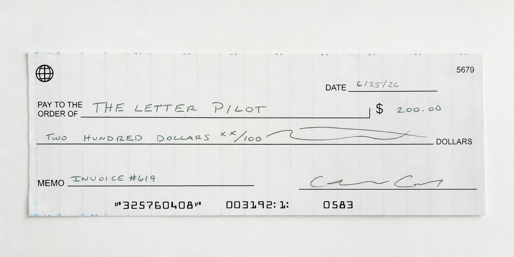 Example of a completed check with the payee, date, numeric amount, written amount, memo, and signature filled in