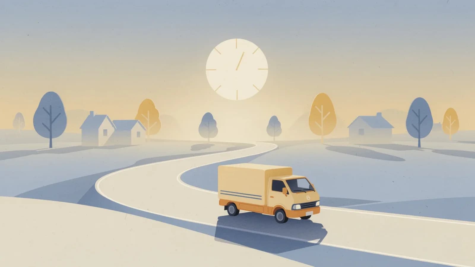 Illustration of a mail delivery truck on a winding road at sunset with a faint clock face in the sky, representing late USPS delivery times