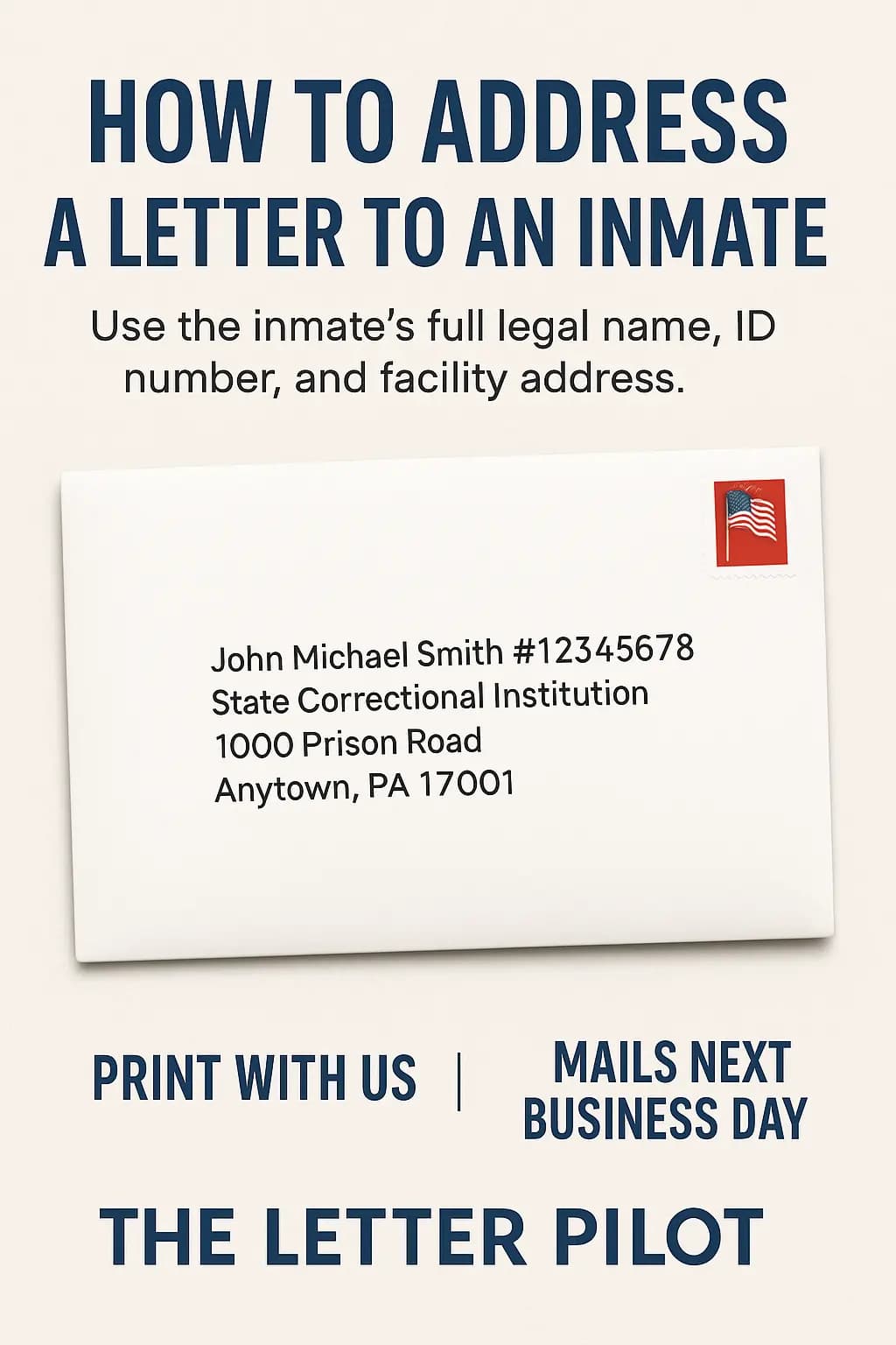 Proper format for addressing mail to an inmate showing envelope with inmate ID number and facility address