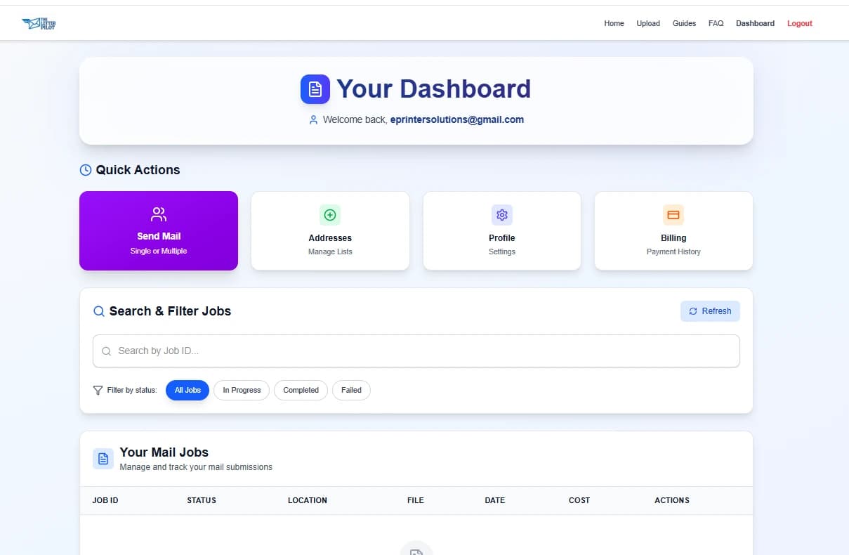 Online mailing service dashboard interface