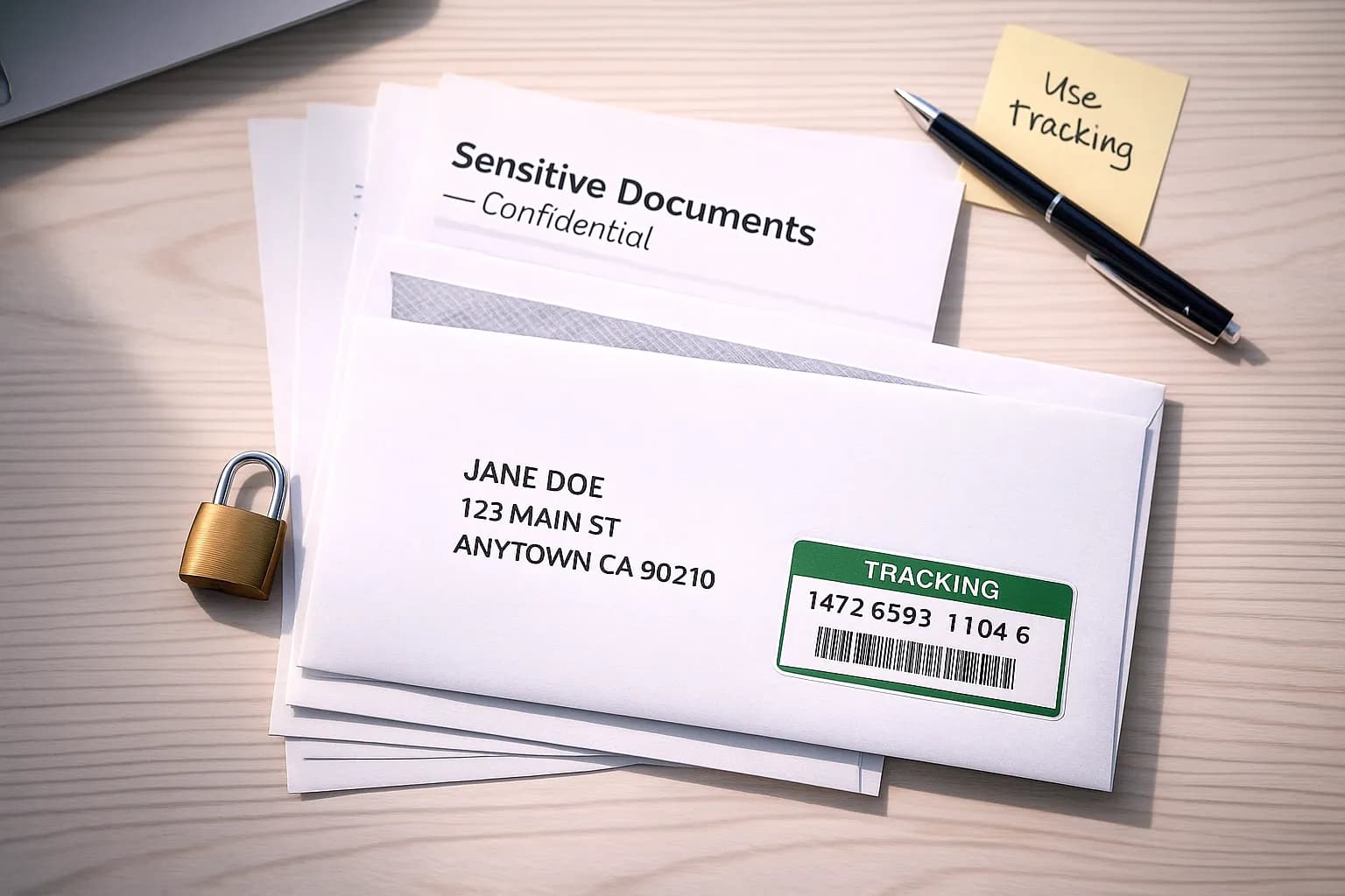 Security envelope with sensitive documents being prepared for secure mailing