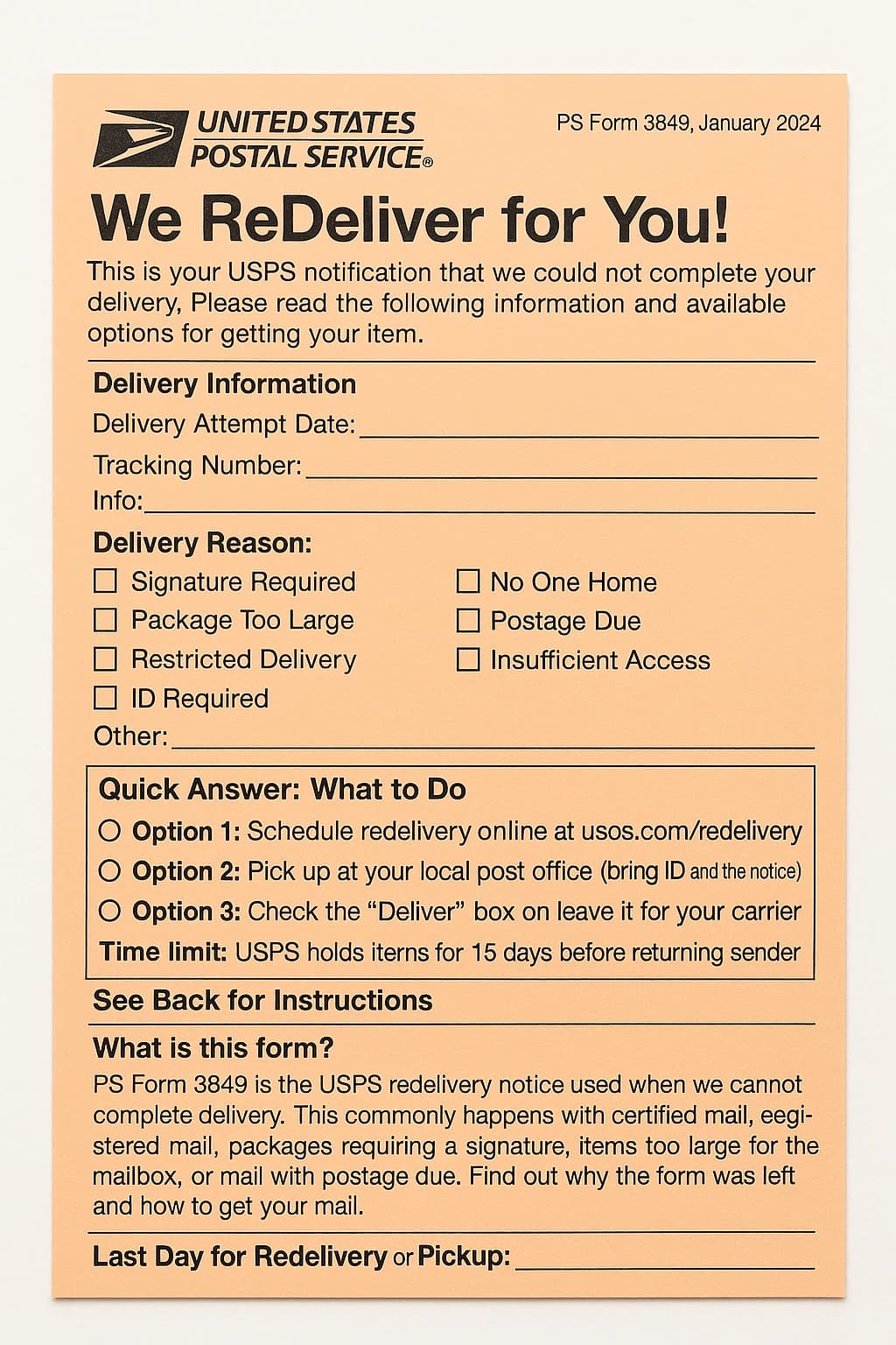 USPS PS Form 3849 notice slip left by mail carrier for package redelivery or pickup