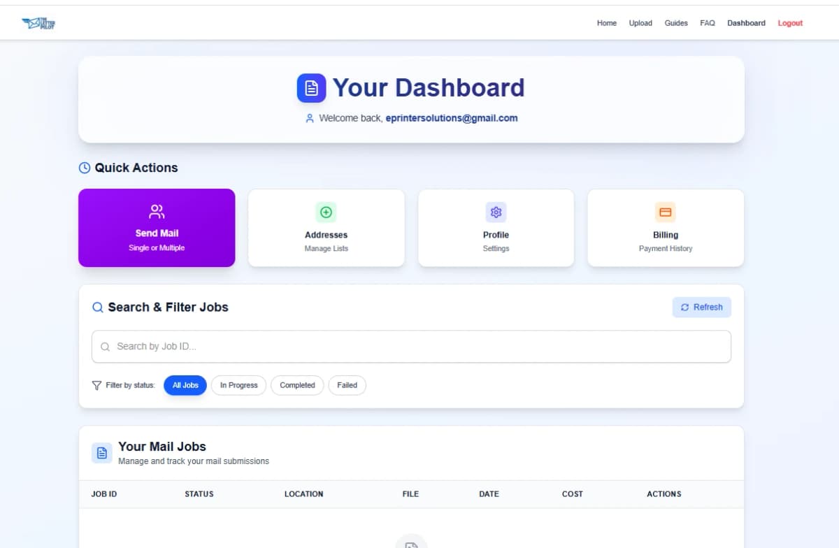 Letter Pilot Dashboard showing saved addresses, mail history, and bulk upload features for business mail
