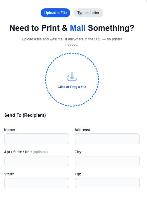 Upload document to send mail online with The Letter Pilot - drag and drop PDF interface