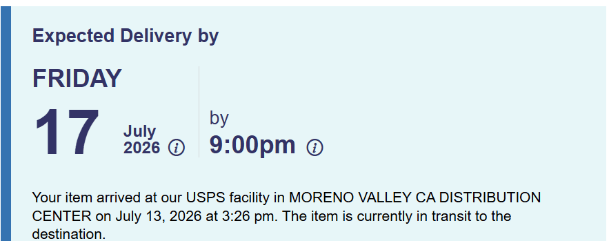 USPS tracking page showing an expected delivery date and a facility scan