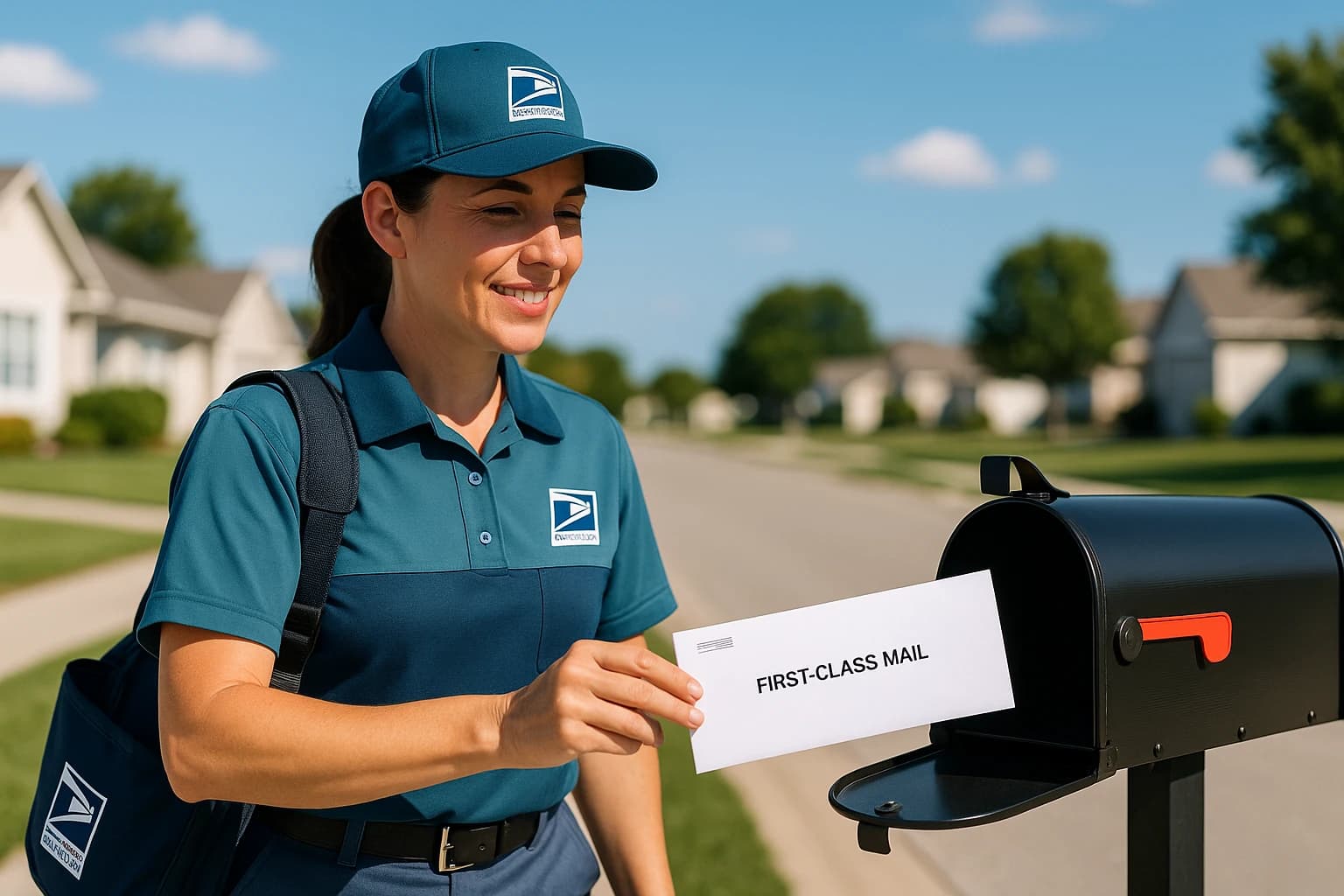 USPS First-Class Mail letter being delivered to residential mailbox