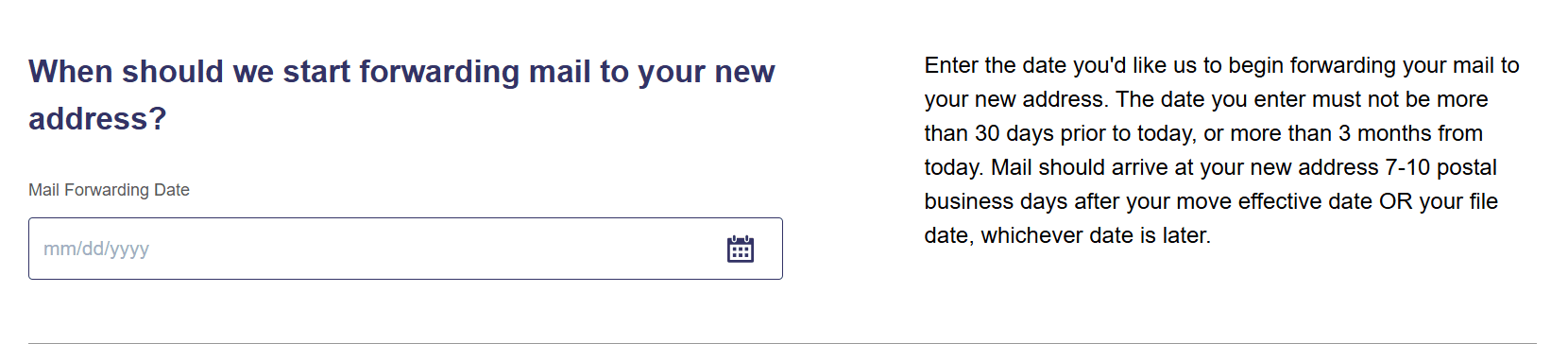 USPS Change of Address form asking when mail forwarding should begin