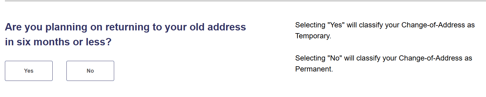 USPS Change of Address form asking whether the move is temporary or permanent
