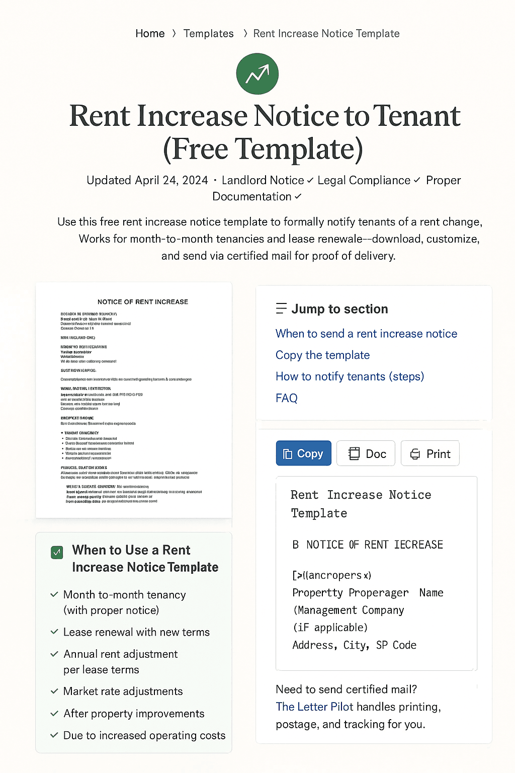 Rent increase notice template showing a landlord letter to tenant with rent change details, effective date, and legal notice requirements