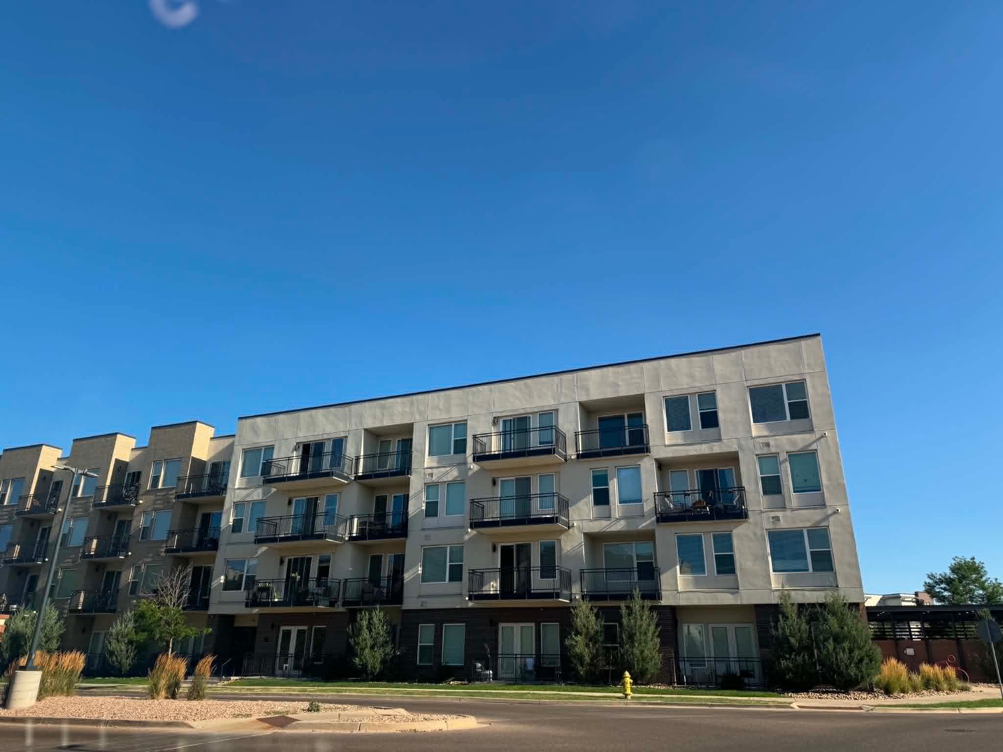 Multi-story apartment building with many separate residential units