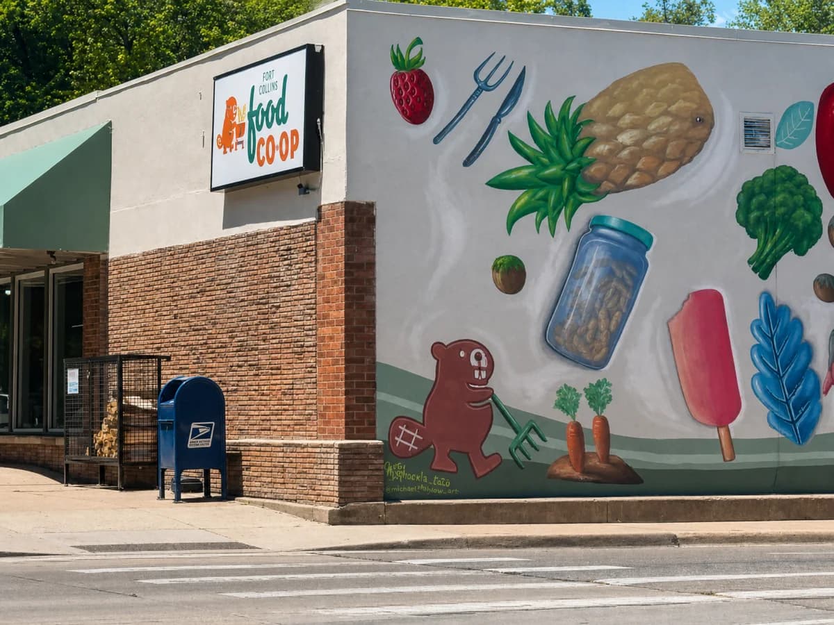 Blue USPS collection box outside the Fort Collins Food Co-op