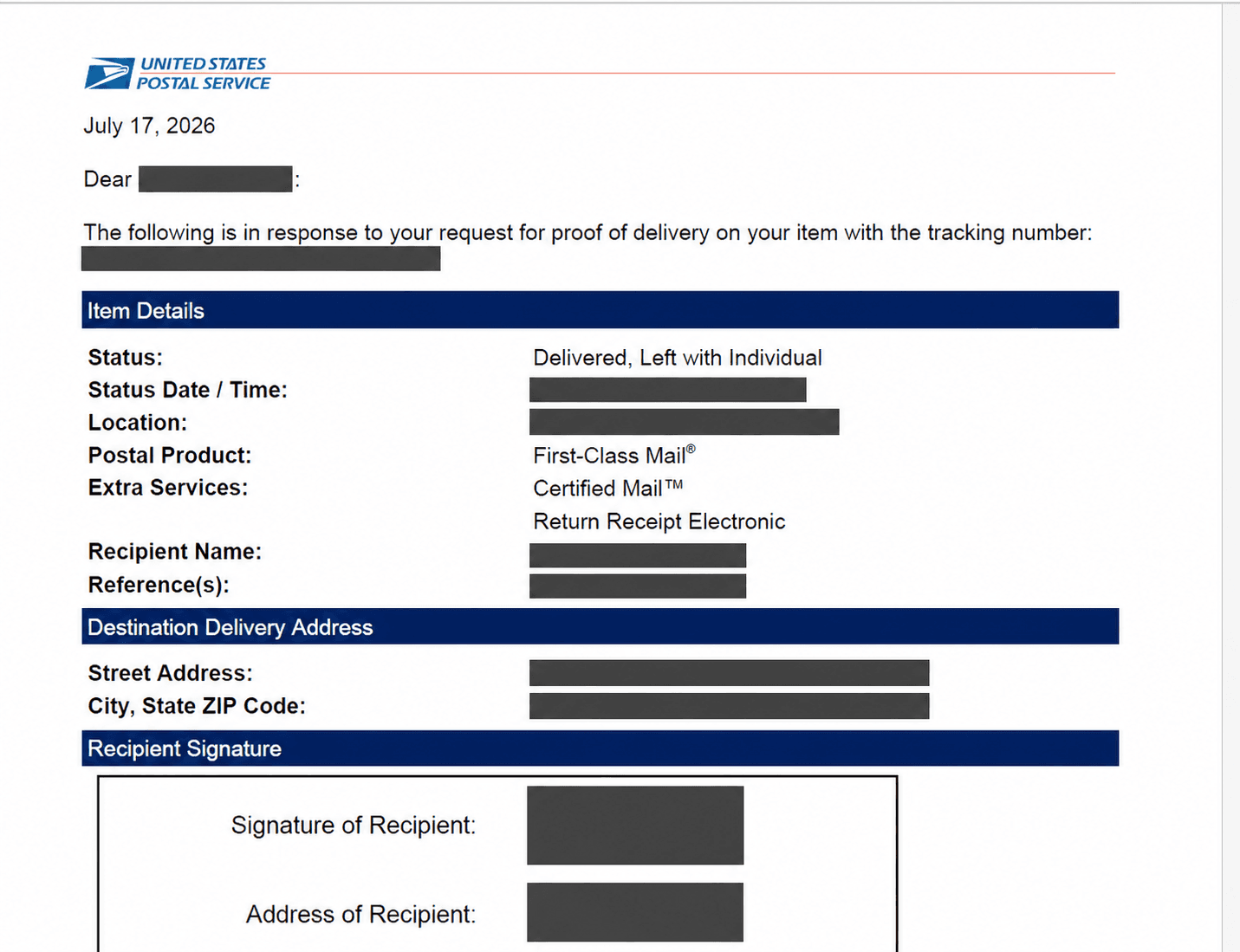 Redacted USPS Electronic Return Receipt showing proof-of-delivery fields