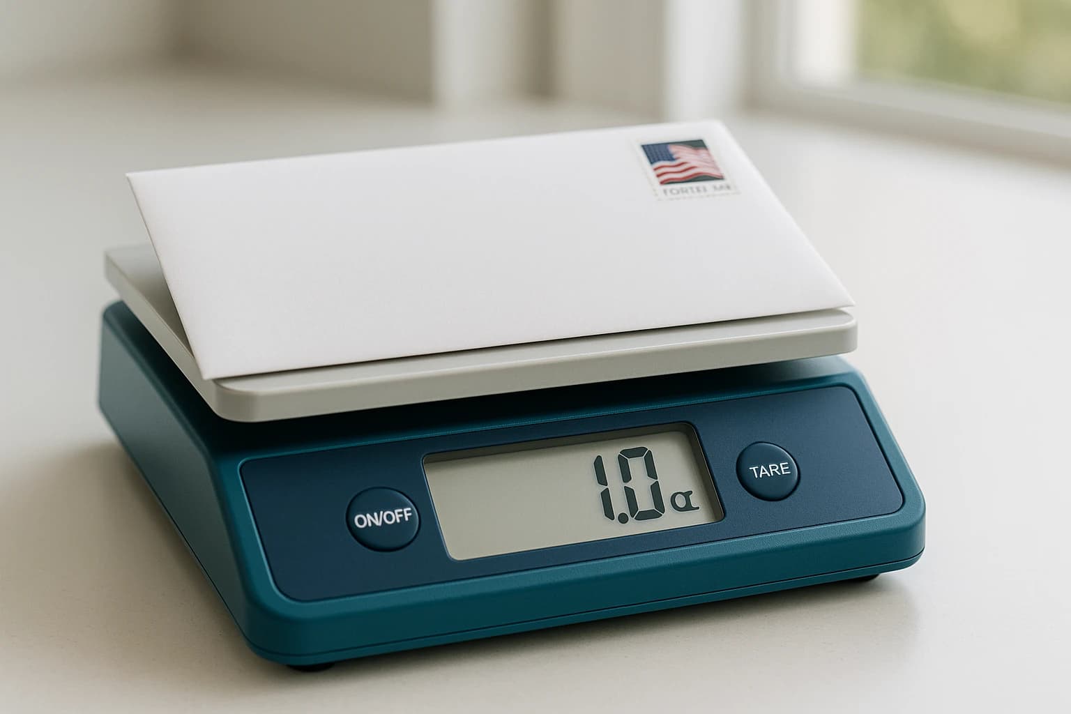 Digital postal scale showing letter weight under 1 oz with Forever Stamp