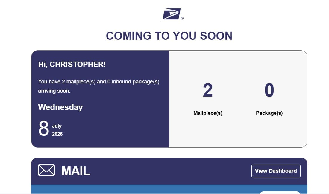 Example USPS Informed Delivery email showing two mailpieces expected soon