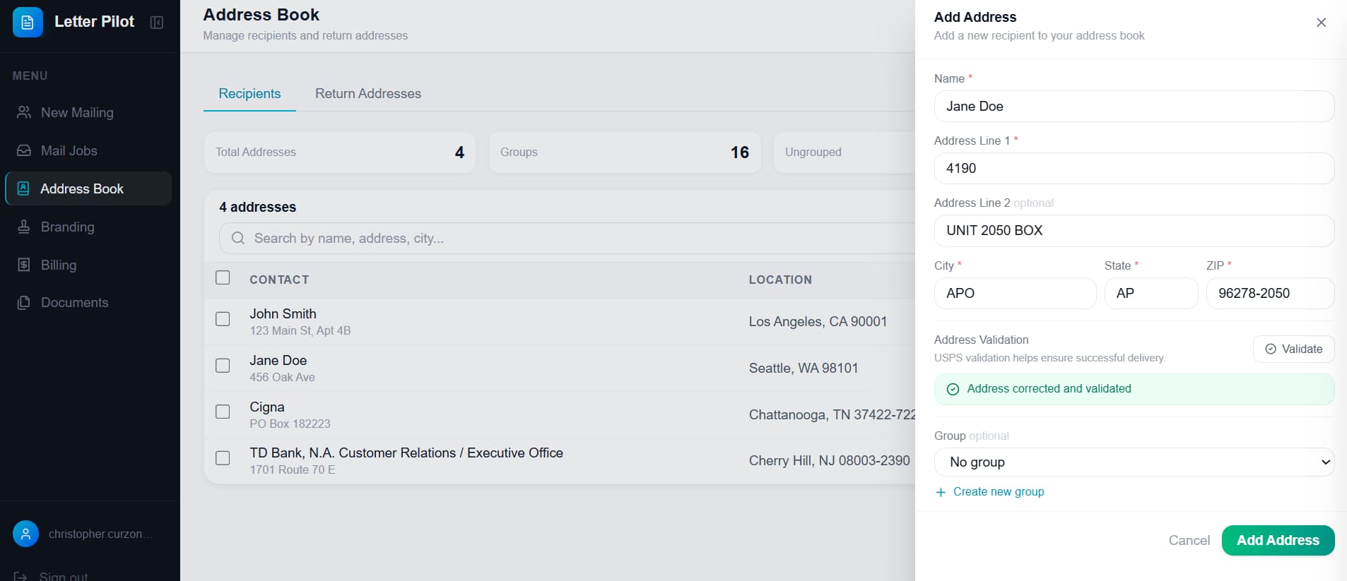 The Letter Pilot Address Book validating an APO AP military address