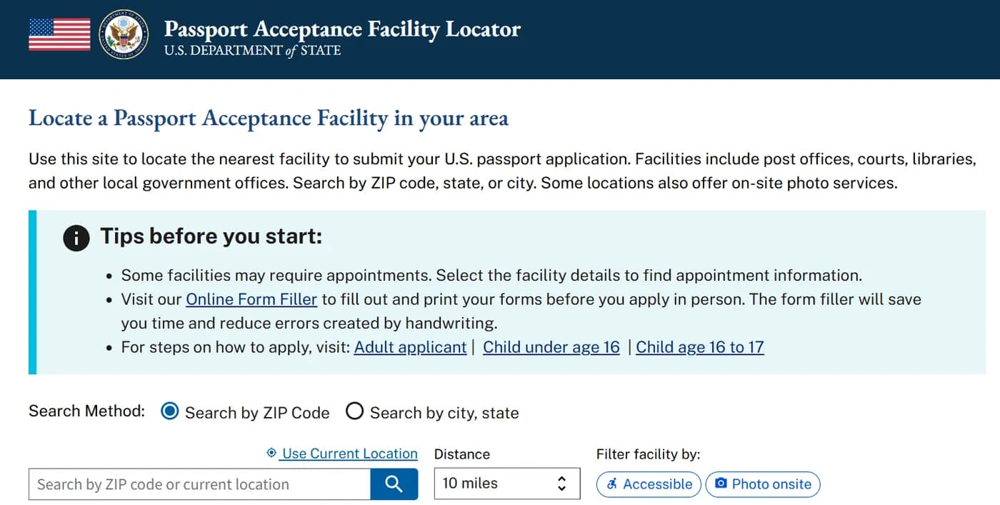 U.S. State Department Passport Acceptance Facility Locator