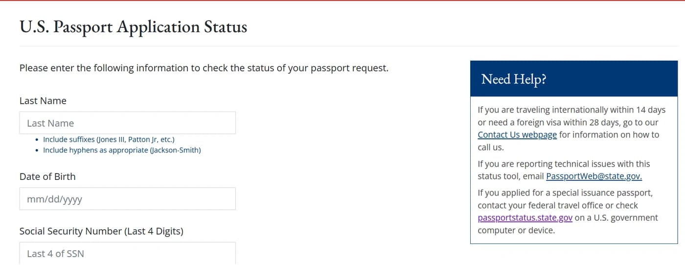 U.S. Passport Application Status form