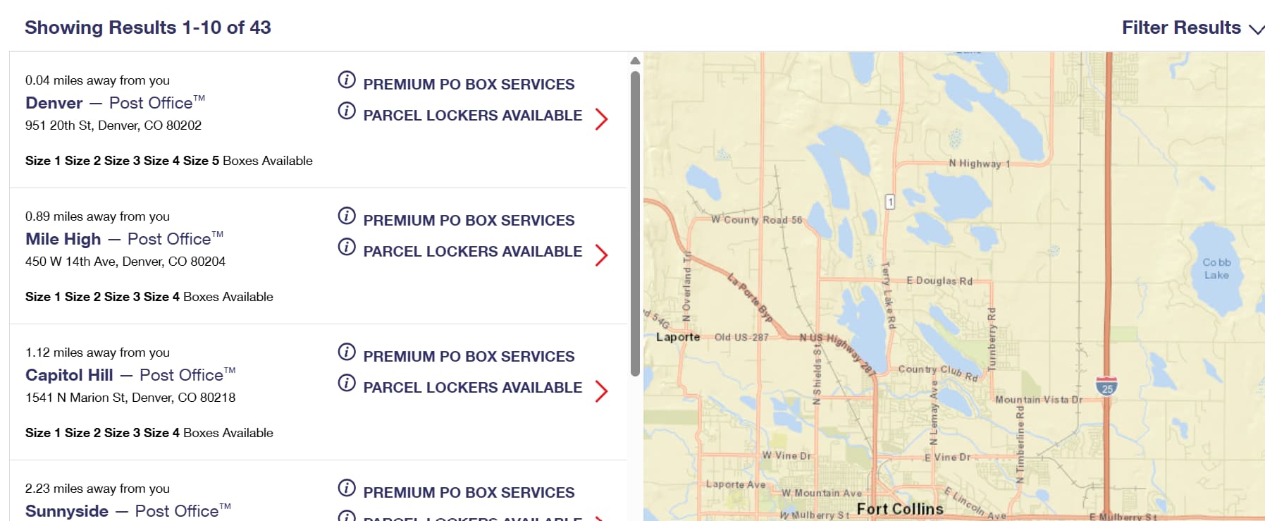 USPS search results showing nearby Post Offices and available box sizes