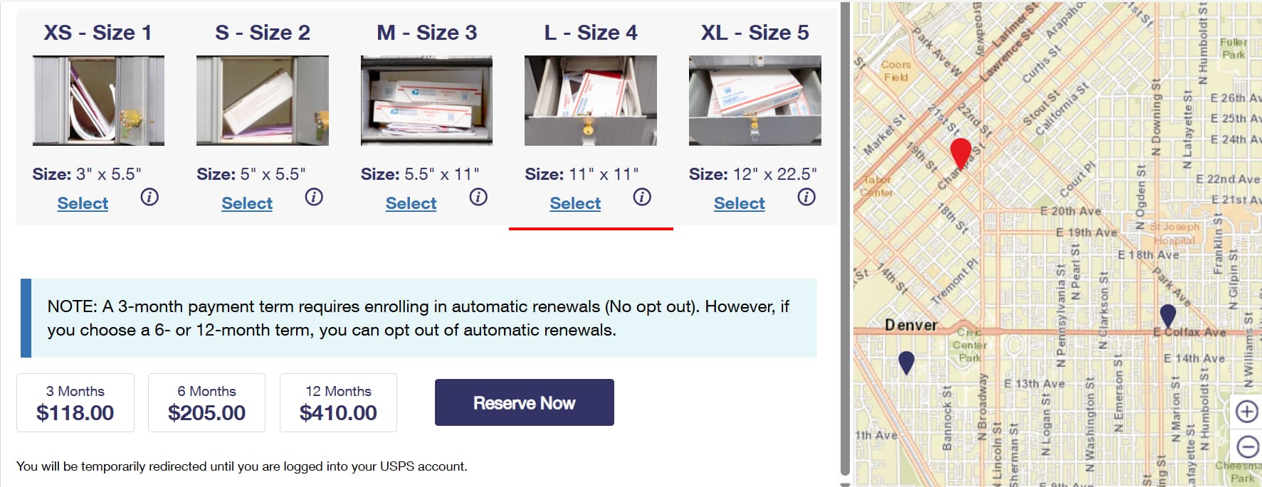 USPS box size selector with prices for 3, 6, and 12 months at the selected location