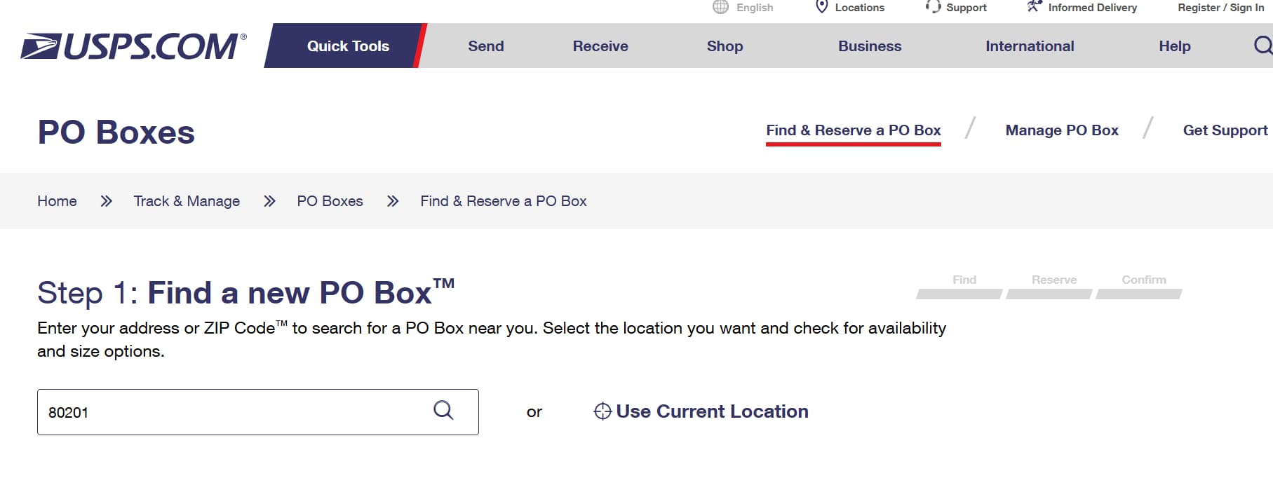 USPS PO Box search with a ZIP code entered