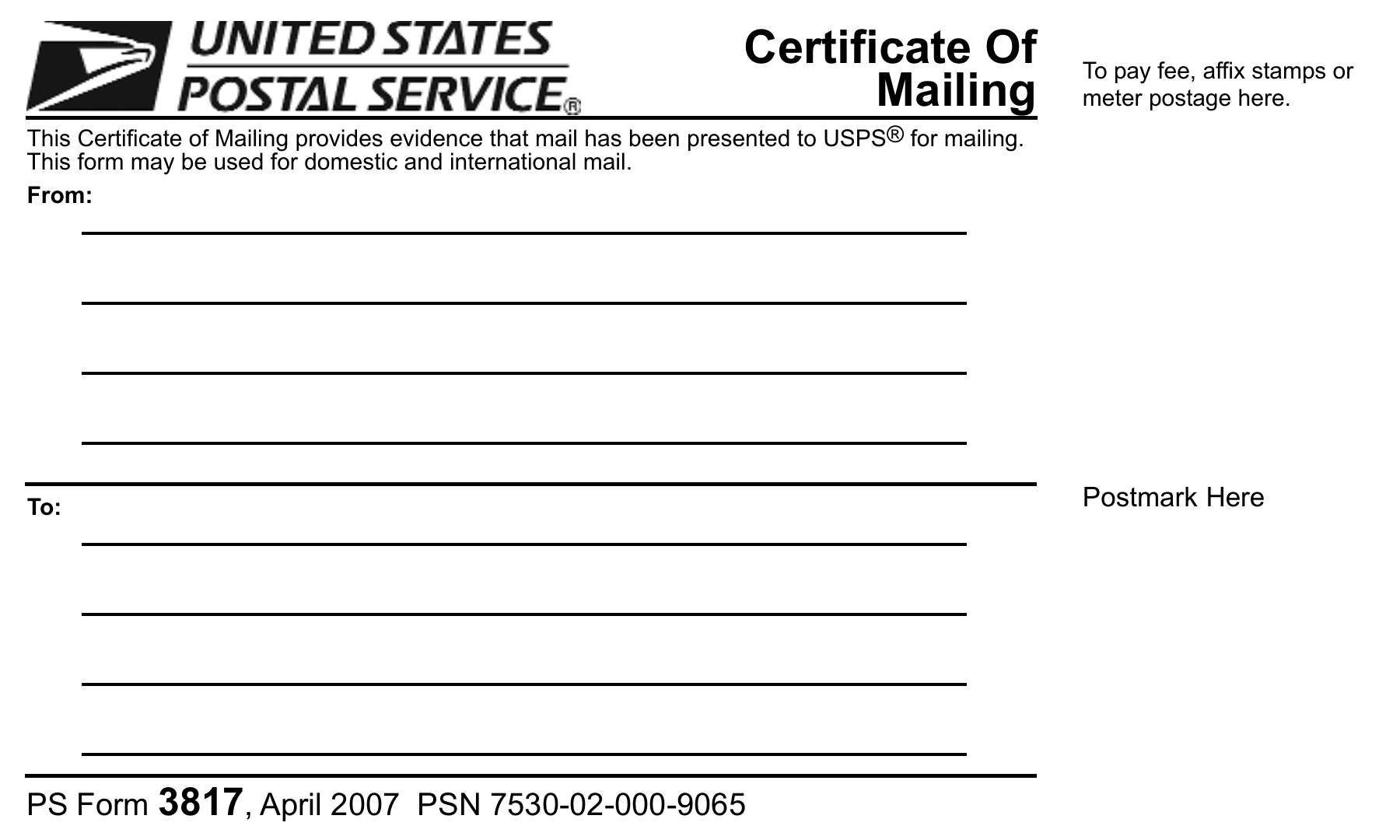 Blank USPS PS Form 3817 Certificate of Mailing with From, To, and postmark fields