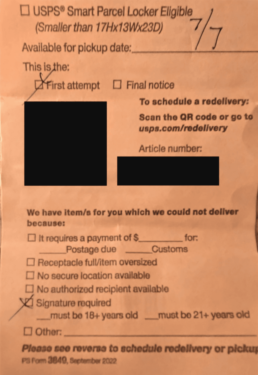 Redacted PS Form 3849 USPS delivery notice showing a first attempted delivery and signature required