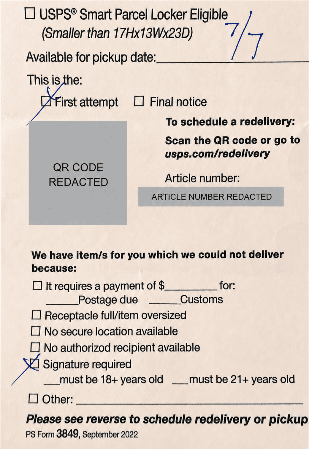 PS Form 3849 notice showing that a signature was required and providing redelivery instructions