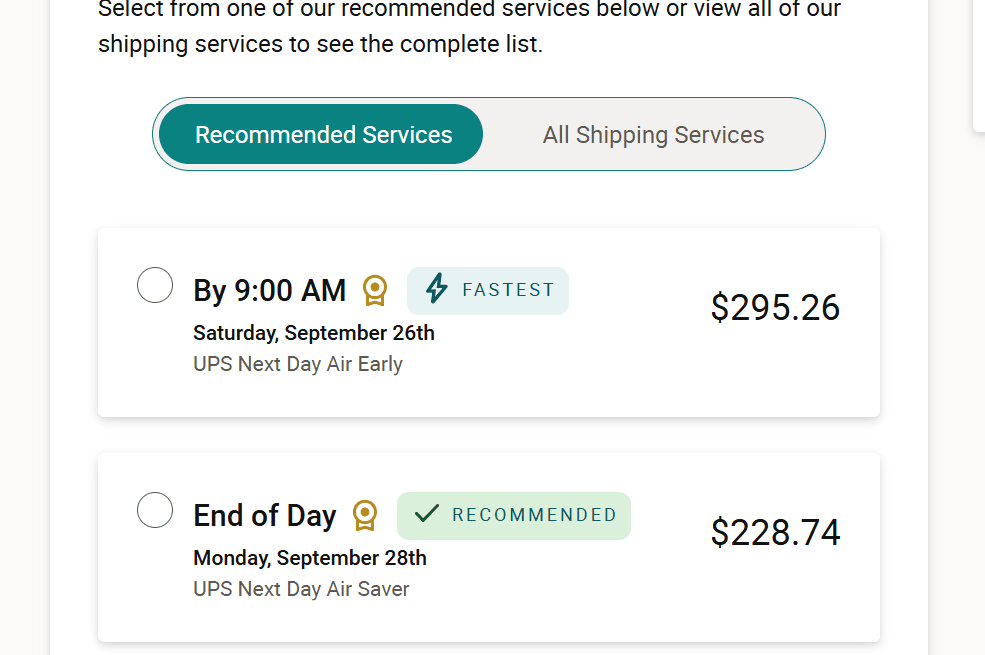 UPS quote showing Next Day Air Early delivery by 9 a.m. on Saturday, September 26
