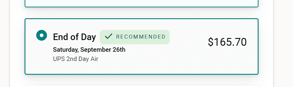 UPS 2nd Day Air quote showing delivery on Saturday, September 26, for $165.70