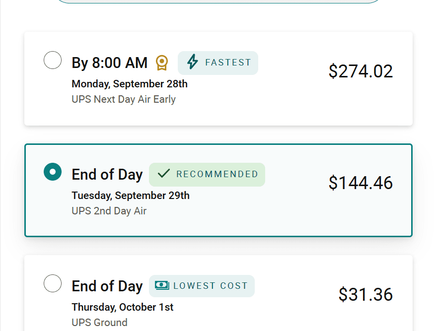 UPS quote showing Monday, September 28 delivery with Next Day Air Early and Tuesday, September 29 with 2nd Day Air