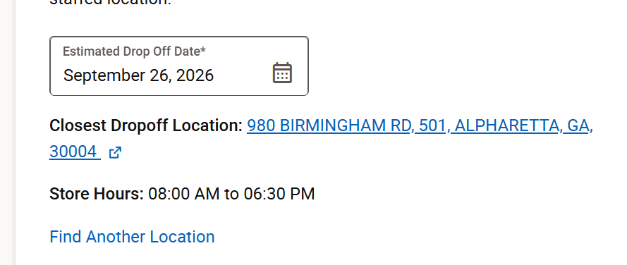 UPS shipping form with a September 26, 2026 Saturday drop-off date and an Alpharetta, Georgia location