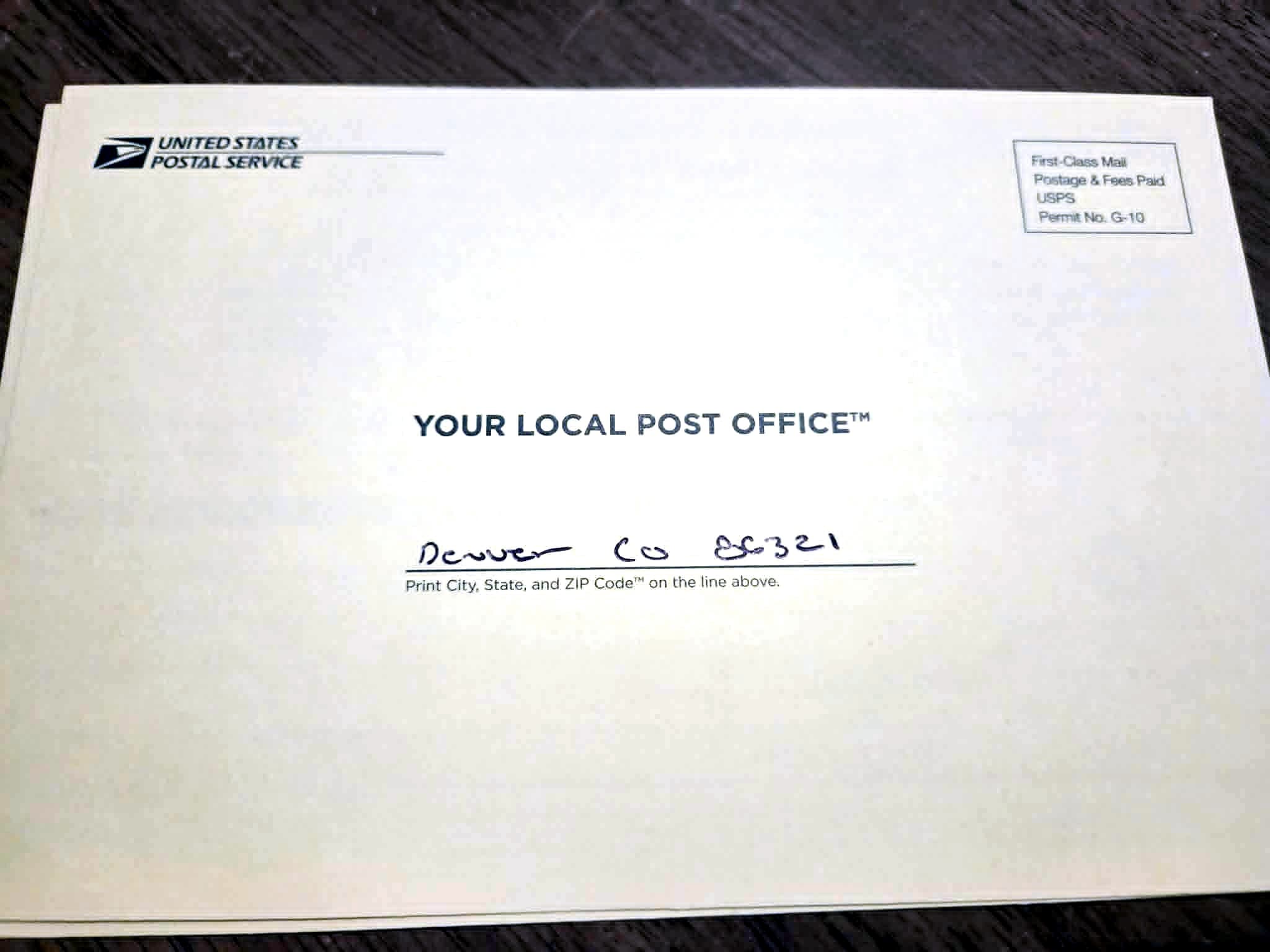 Back of USPS PS Form 8076 addressed to the local Post Office