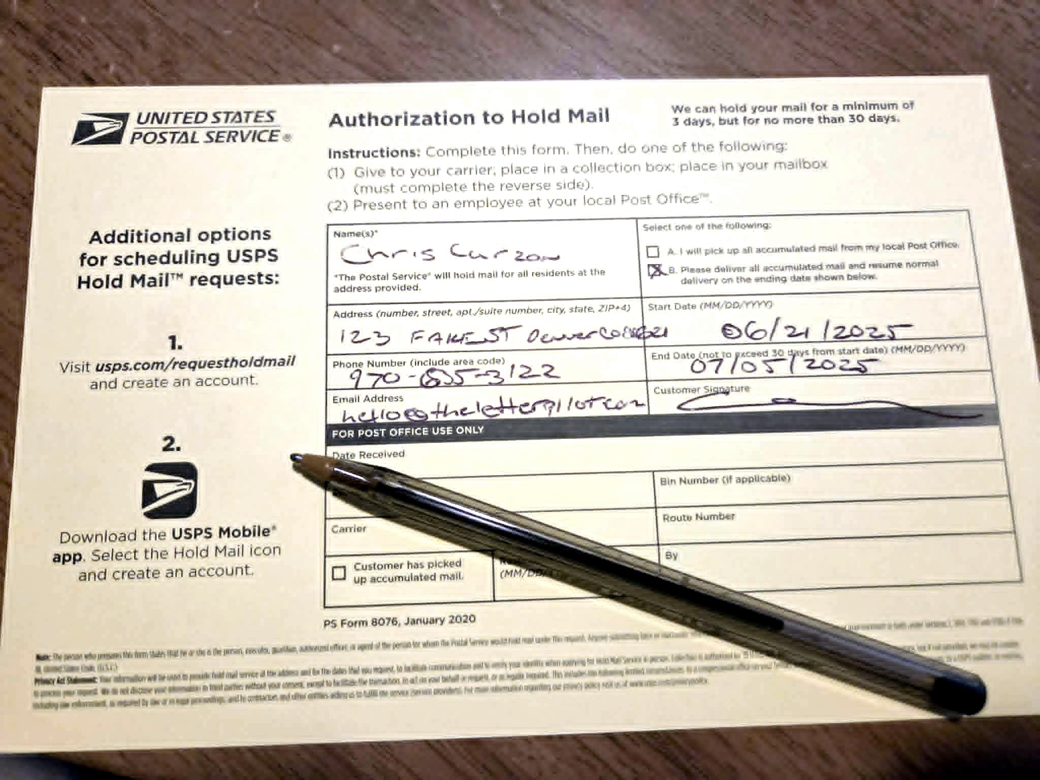 Mail Stop Example USPS Hold Mail: Pause Delivery While You're Away | The Letter Pilot