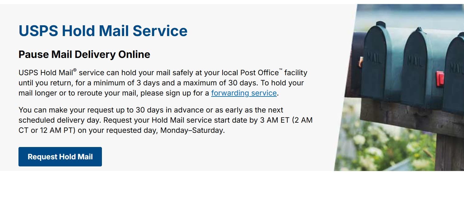 USPS Hold Mail Service webpage with the Request Hold Mail button