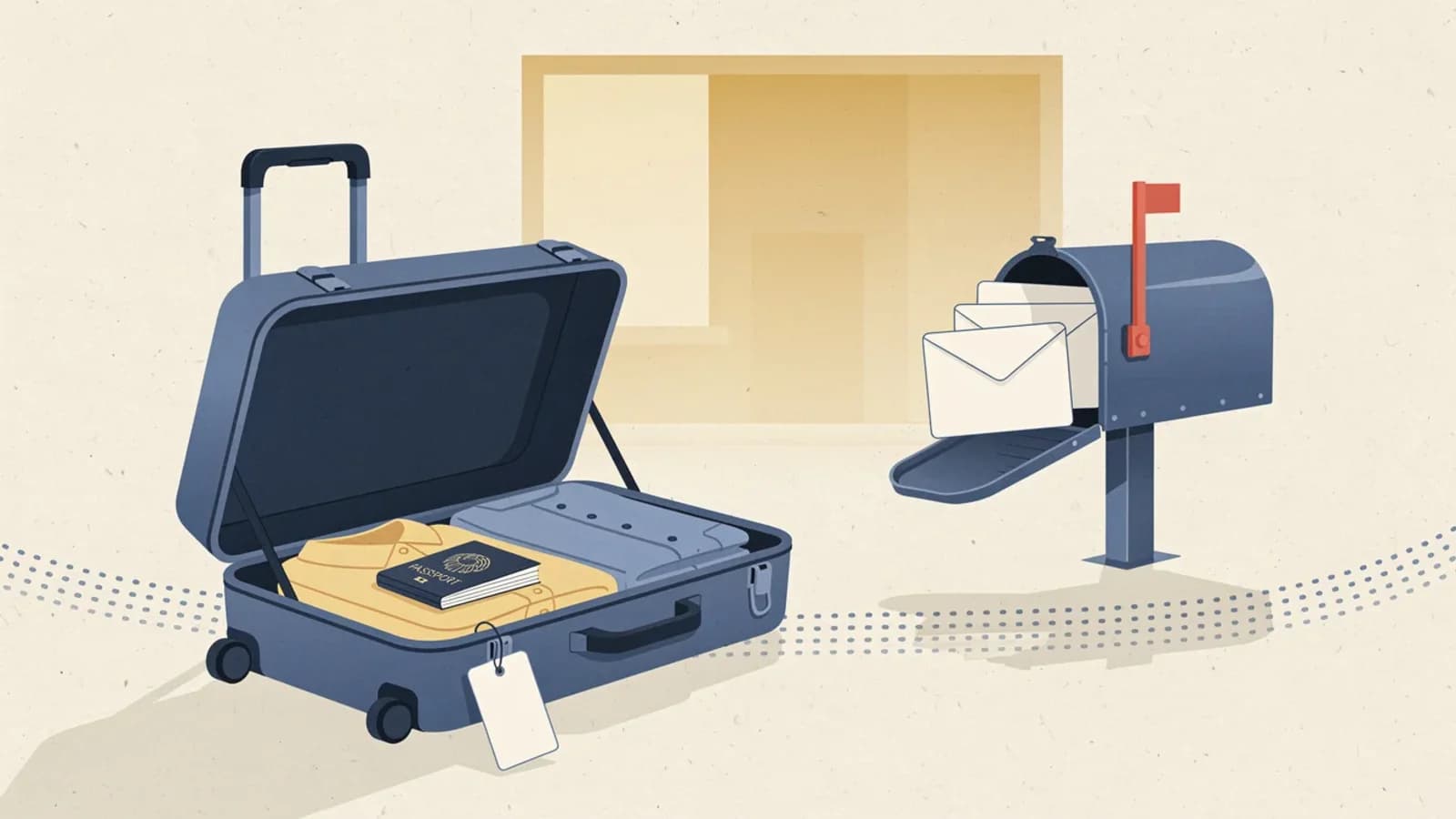 Illustration of an open suitcase next to a residential mailbox stacked with letters being held while the owner is away on vacation