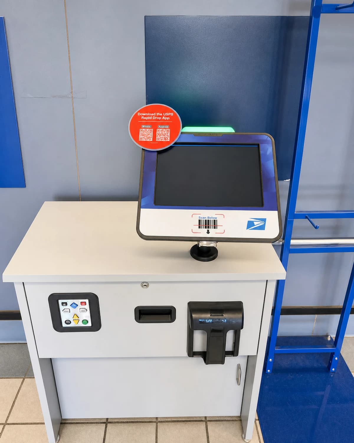 USPS self-service kiosk with touchscreen, scale, payment terminal, and postage printer