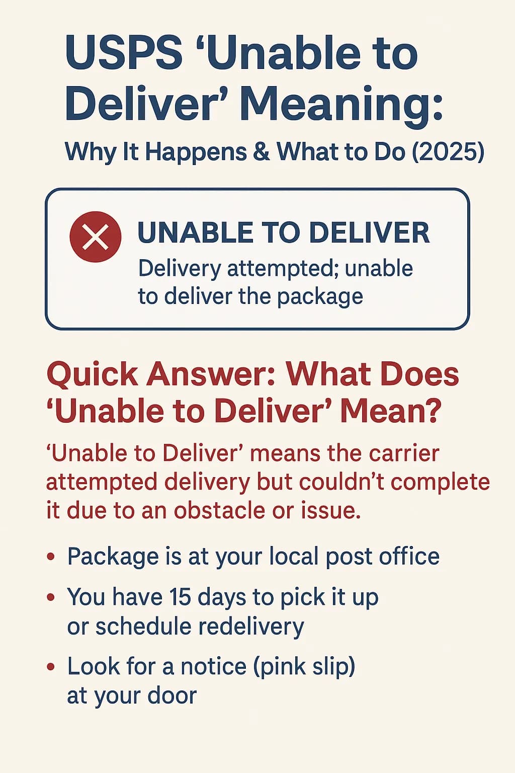 USPS "Unable to Deliver" Meaning: Why It Happens & What to Do (2025) - Step-by-step guide with examples