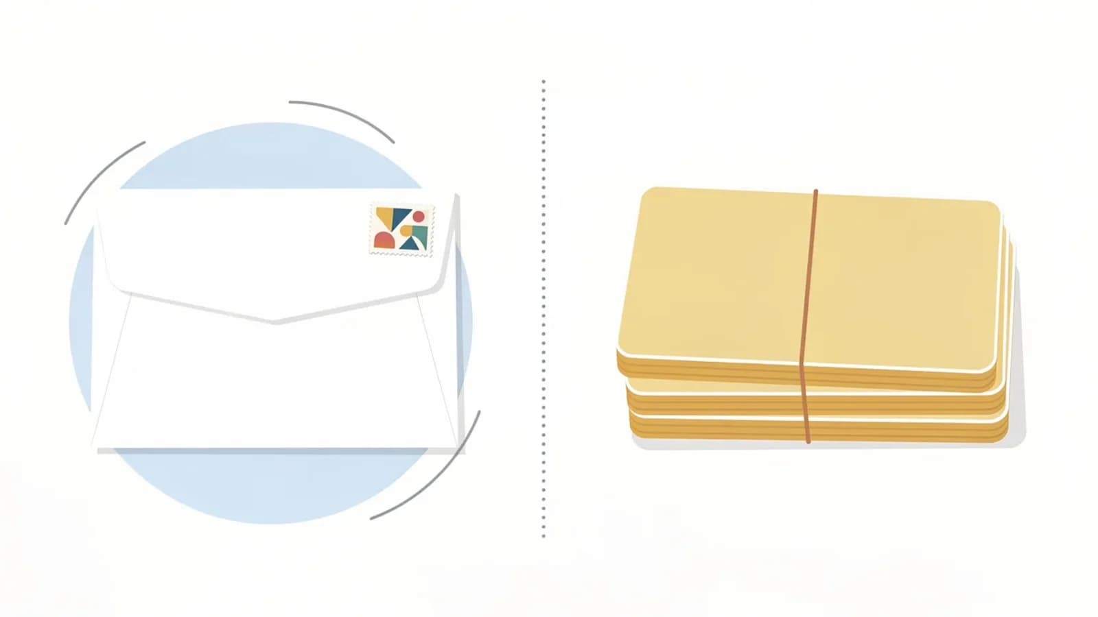 Illustration of a blank white envelope with a simple postage stamp, representing USPS First-Class Mail