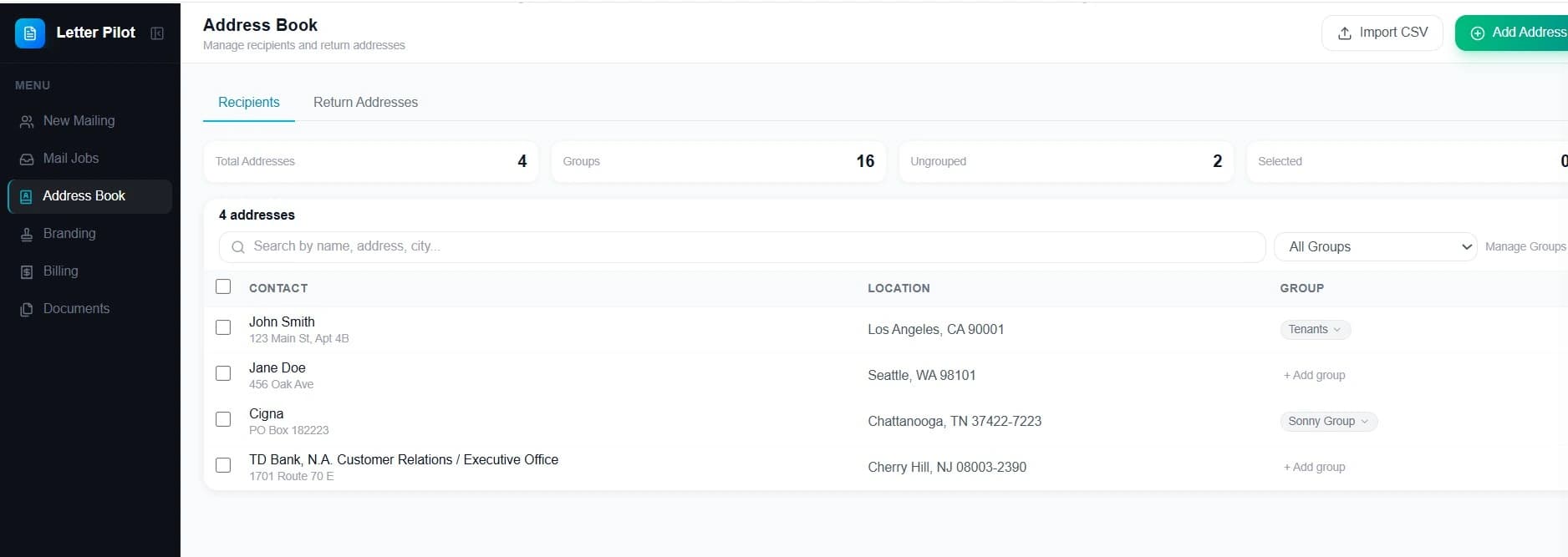 Letter Pilot Address Book showing saved recipients organized into groups like Tenants