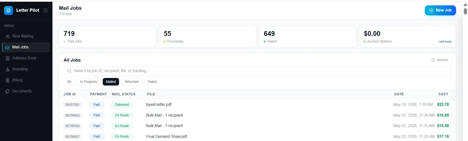 Letter Pilot Mail Jobs dashboard showing job status, cost, and mail tracking per job