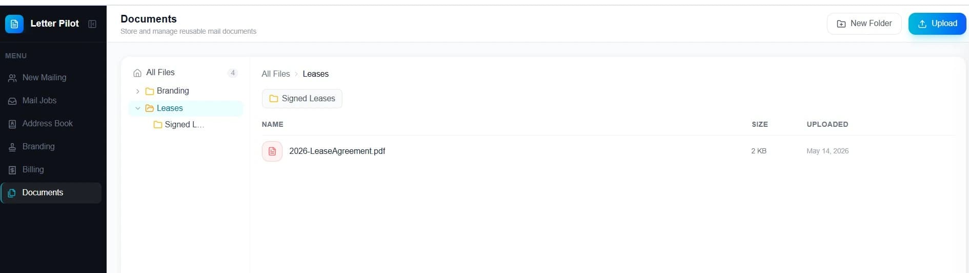 Letter Pilot Documents library showing folders and uploaded PDF files