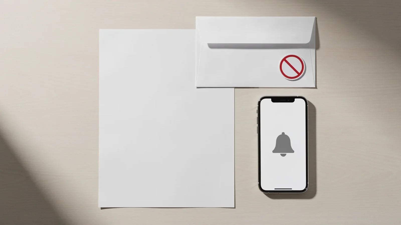 Illustration of a debt collector cease and desist letter scene with a mailed envelope, muted smartphone, and stop bars blocking call waves